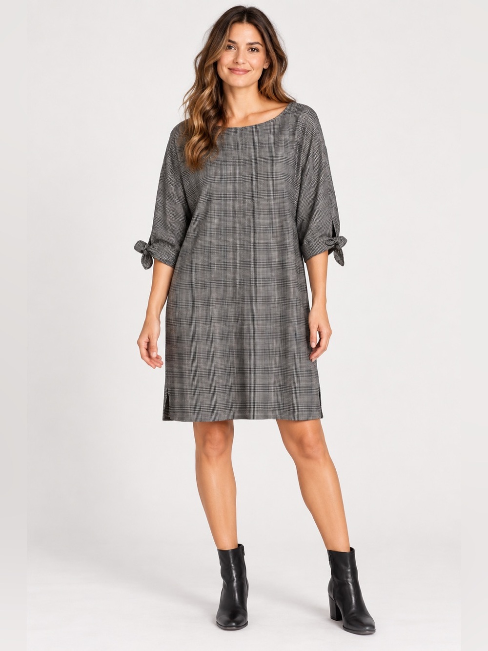 Max Studio Gray Plaid Tie-Sleeve Shift Dress
